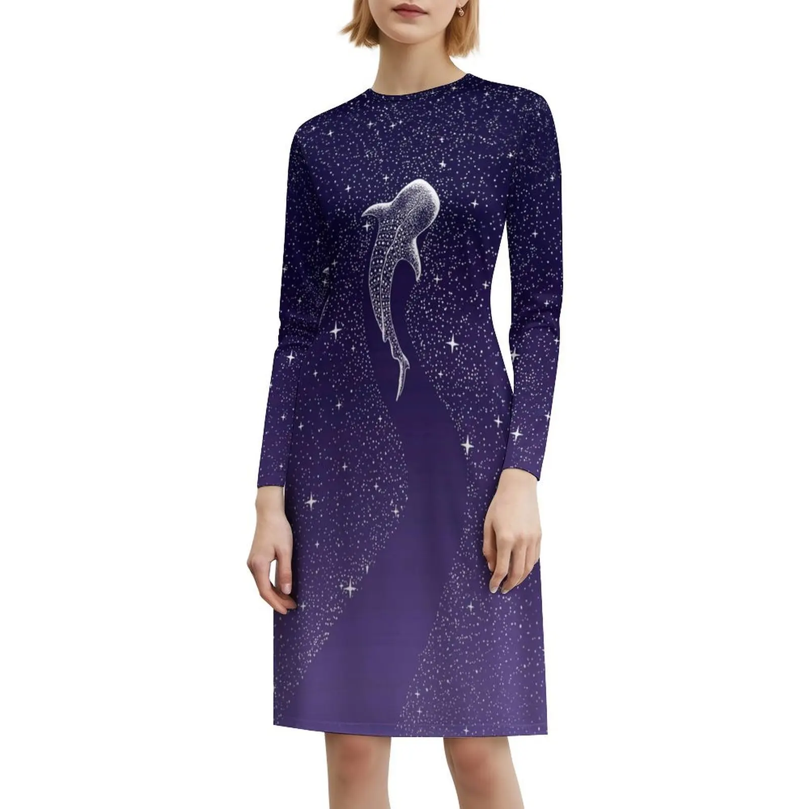 فستان قصير من Star Eater-Space من الأزرق الداكن إلى الأرجواني على طراز Preppy للنساء على شكل حرف a فضفاض مناسب فستان يوم غير رسمي على شكل قرش الحوت #6