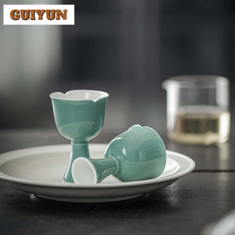 2pcs/et Luxury Turquoise Green Teacup High Foot Single Cups Personal Cup Kung Fu Tea Household Cha Accessories Collection 50ml