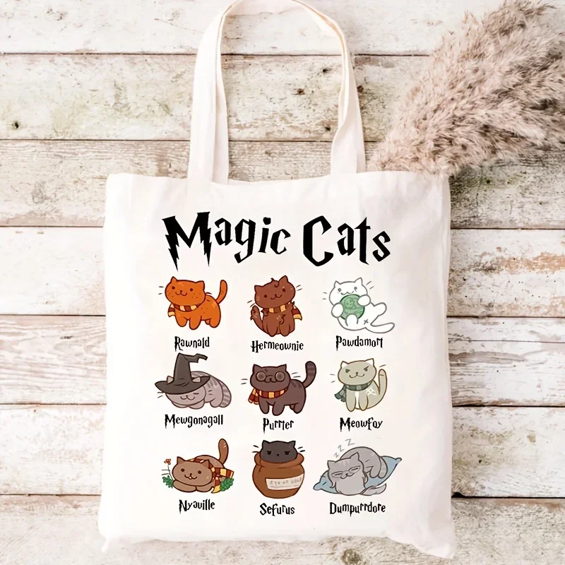 Magic Cat Print Tote Bag, Cat Super Cute Shoulder Bag, Christmas Birthday Gift Bag, Handbag Perfect For School, Travel, Shopping