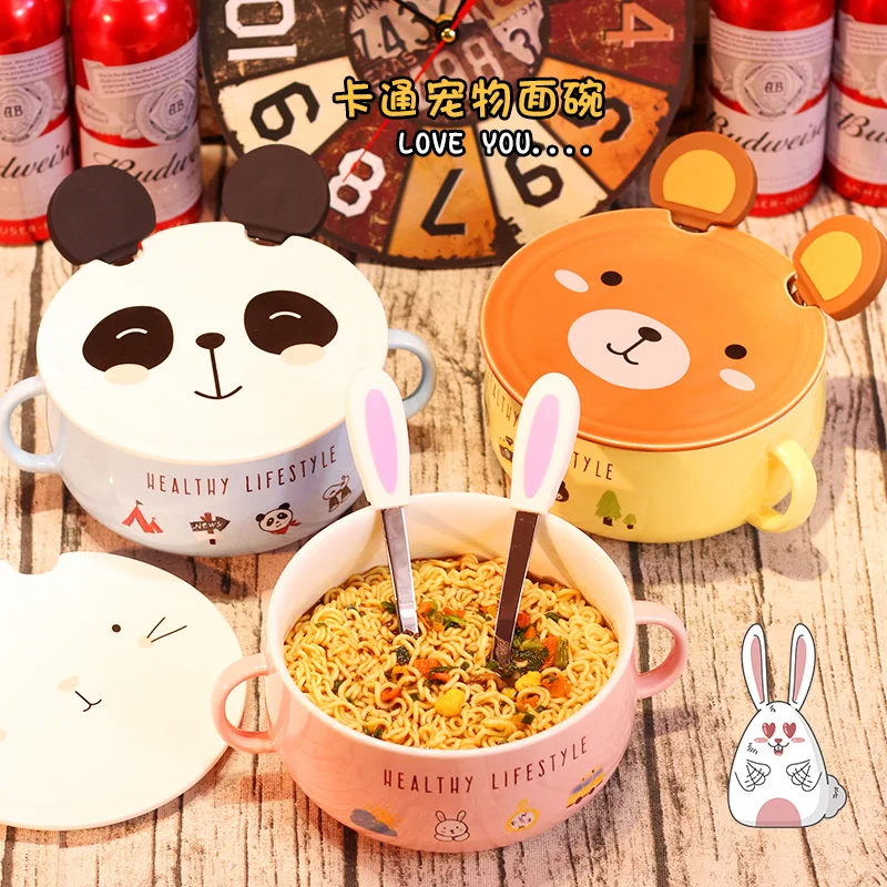 

Ceramic Tableware with Large Bowl Lovely Soup Bowl with Two Ears Student Powder Belt Cover Can Be Microwave Cartoon Mixing Cup