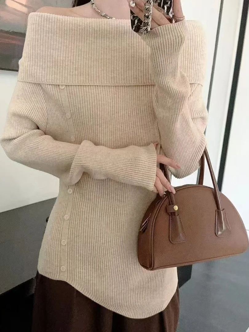 

Pure Desire Knitted Sweater oulder Bared Collar Design Women's Faionable Base Layer Top for Autumn New Arrival