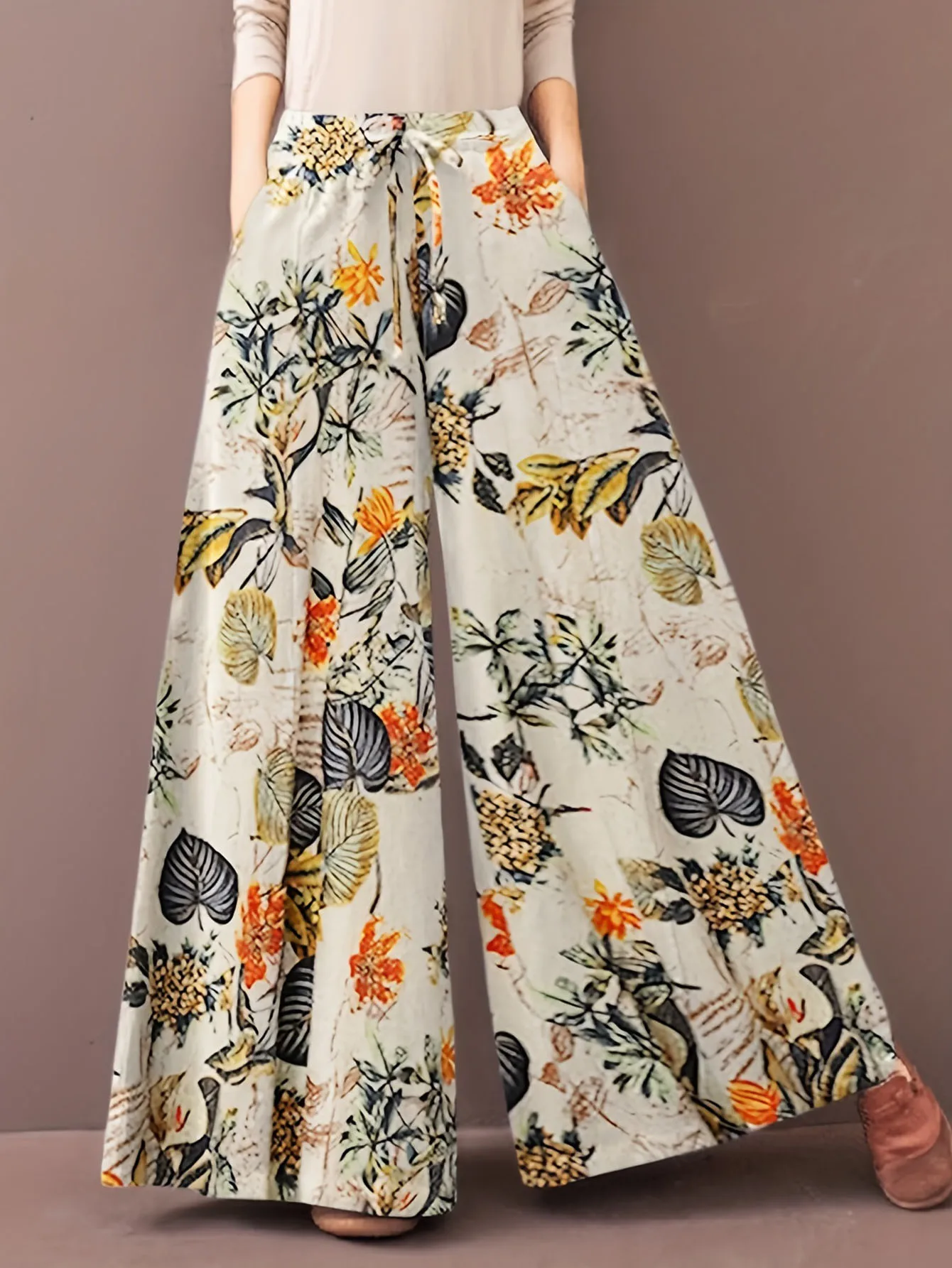 Plus Size Plant Print Spodnie z szerokimi nogawkami Casual Fake Drawstring Elastic Waist Pants Na Wiosnę i Jesień Odzież Damska Plus Size