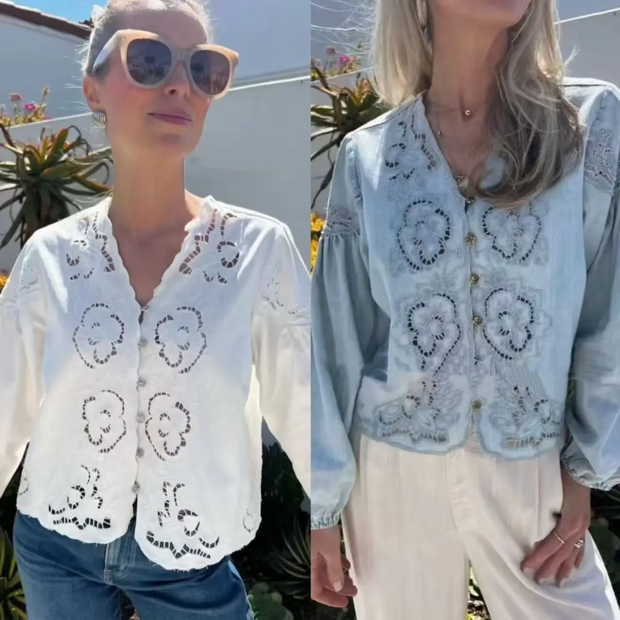 

【Gift Free】2025 Autumn Winter French Niche Vintage Heavy Laser Floral Embroidery Loose Slimming Denim Shirt Top for Women