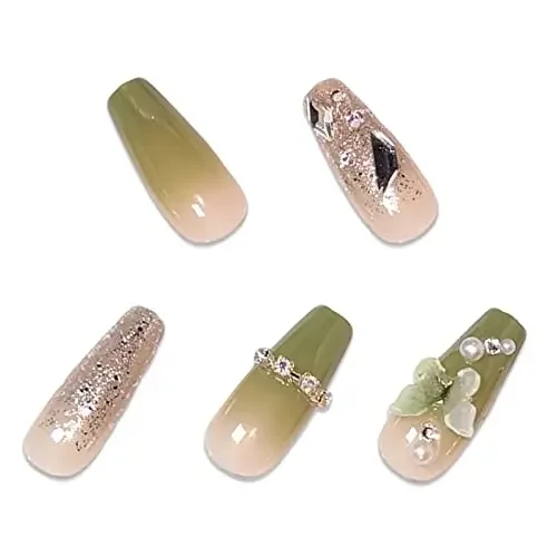 Coffin Press on Nail Long Fake Nail Green Glue on Nail 24Pcs Ballerina Stick Butterfly Rhinestone Design Acrylic Nail  for Women