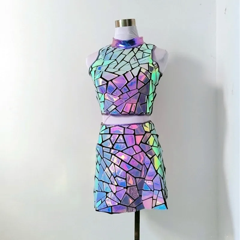 

Purple Blue Laser Mirror Tops Skirt 2 Piece Set Nightclub Bar DJ Dancer Sexy Stage Wear Female Dance Troupe Performance Costume