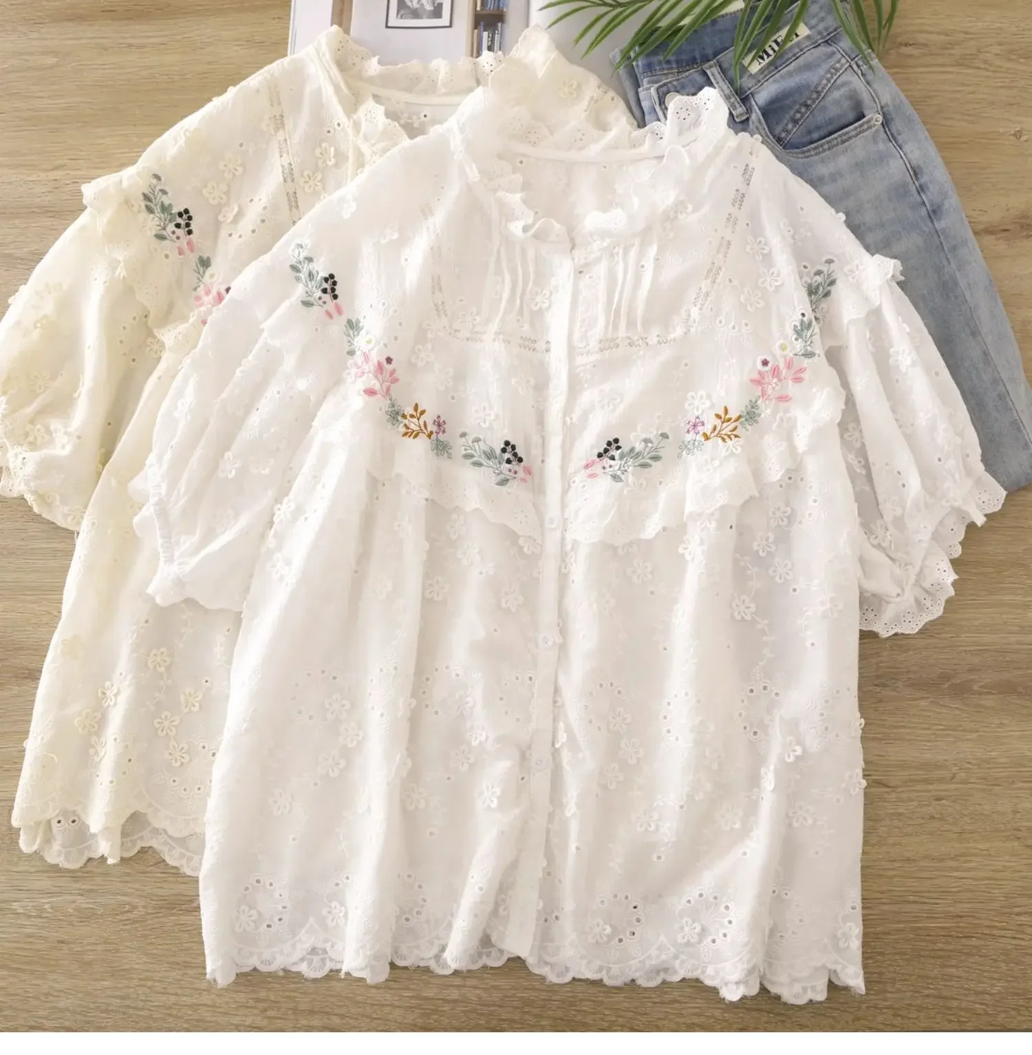 Summer Female Rococo Style Sweet Floral Embroidery Puff Sleeve Shirt Vintage Retro Cotton Ruffled Lace Cottagecore White Blouse