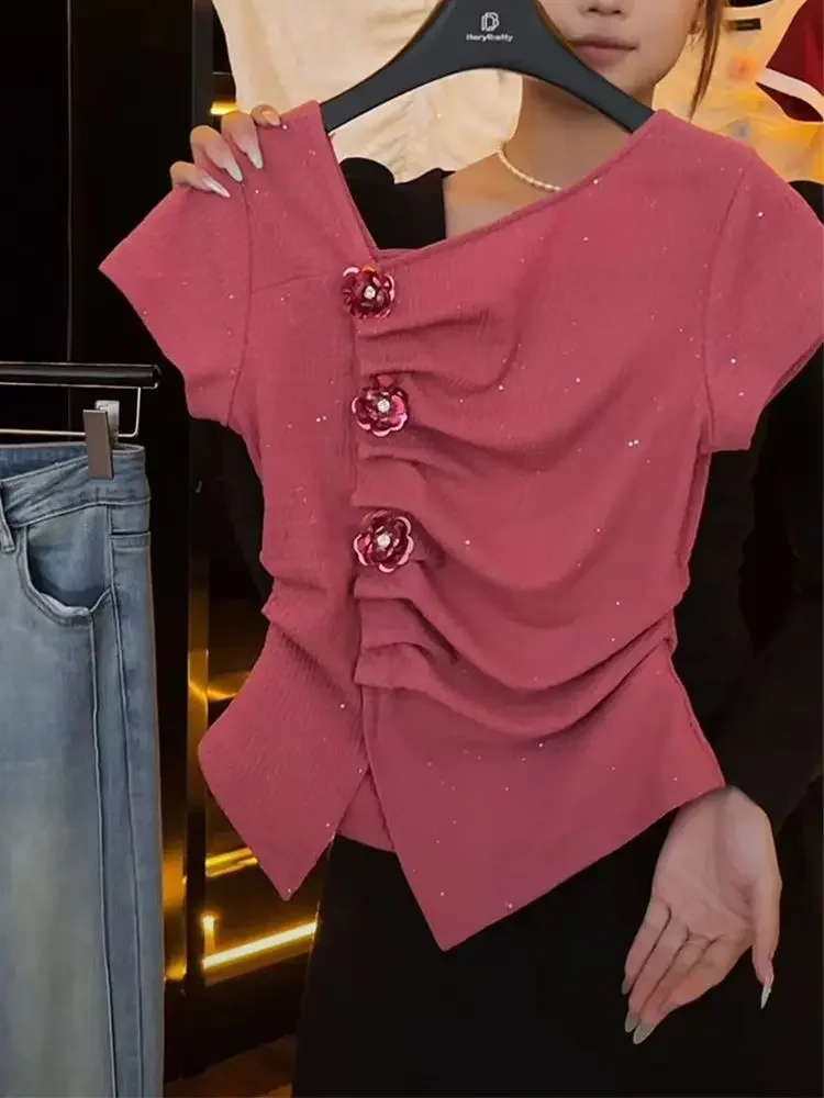 

Irregular Skew Collar T-shirt for Women 2024 Summer New Short Sleeve Tops Mujer Y2k Sweet 3D Flower Slim Fit Tee Shirt