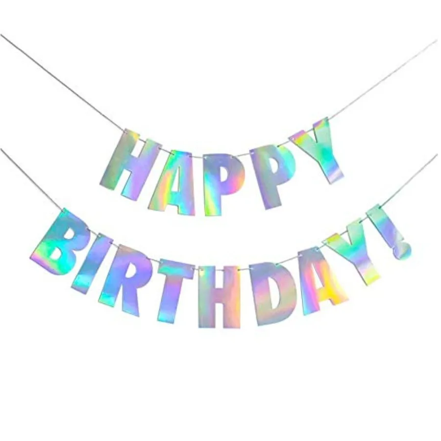 Pre-Strung Iridescent Happy Birthday Banner, NO DIY,Holographic Hanging Bunting Hanging Party Decorations Vibrant Party Sign