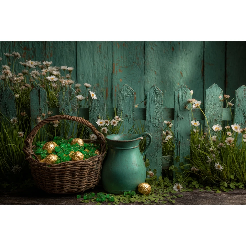 St. Patrick's Day Photography Background Green Clover Lucky Flowers Green Kettle Easter Egg Kids Birthday Party Decor Backdrop