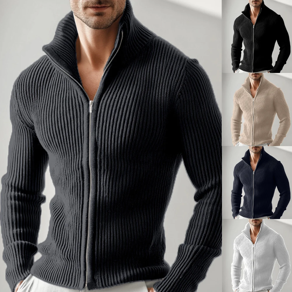 Thick Knitted Men Full Zip Cardigan Sweater Stand Collar Outerwear Jacket for Casual Daily Wear in Cooler Weather