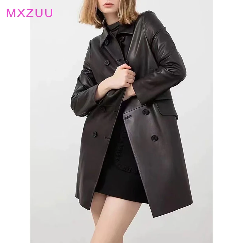 Genuine Leather Jackets for Women Mid-Length Double Breasted British Style High-Quality Plant Tanned Sheepskin Coat Windbreaker