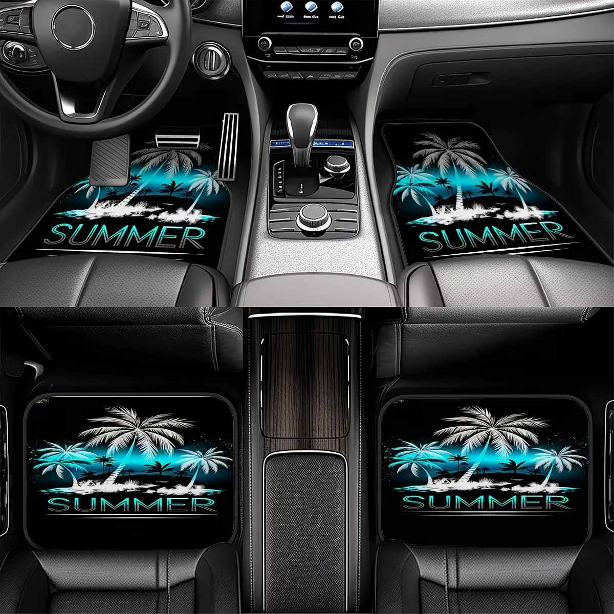 4-Piece Set of Car Floor Mats, Polyester Carpet Material, Suitable for All Seasons, Universal for Cars, Suvs, and Trucks, Summer Coconut Forest Pattern, Easy to Clean, Versatile Design, Exquisite Lifestyle Essentials for Both Men and Women