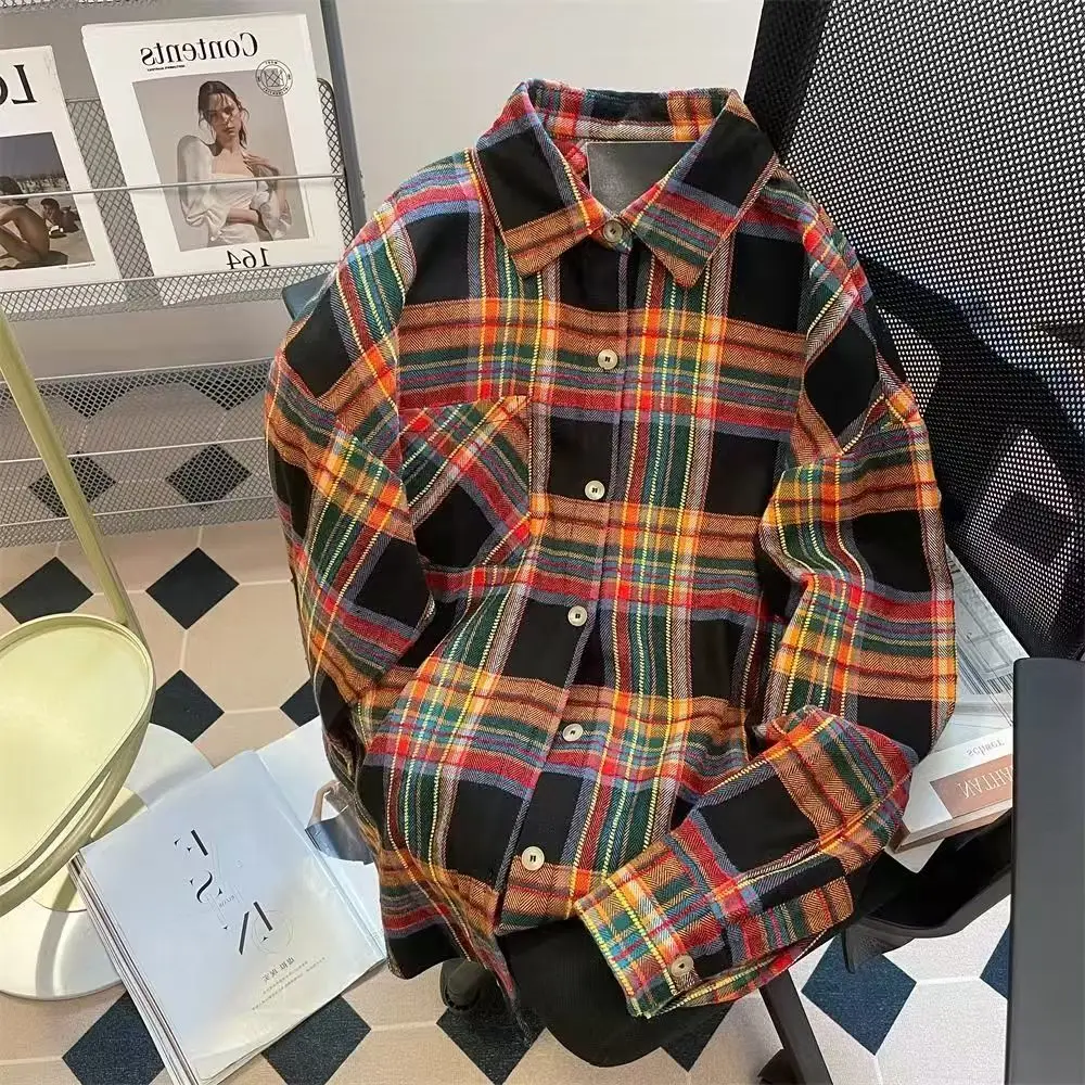 여성 타탄 셔츠 긴 소매 버튼업 캐주얼 오버사이즈 체크 셔츠 싱글 브레스티드 재킷 패션 청소년 남성 봄 여름