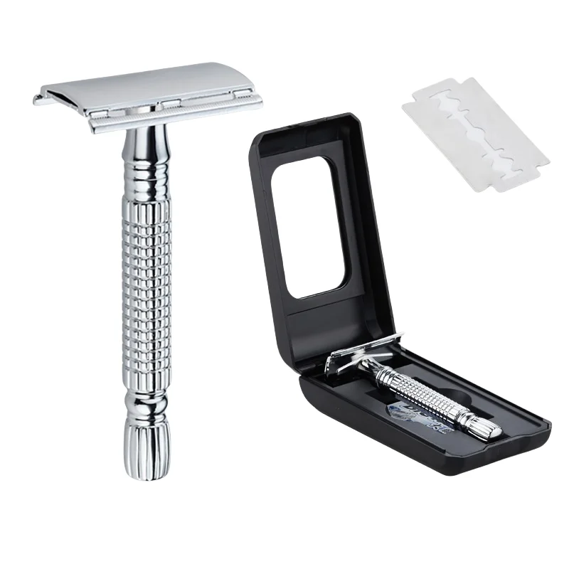 

1 шт. классическая ручная бритва с двойным лезвием, безопасная бритва для мужского бритья и женский инструмент для удаления волос с лезвиями для бритья и футляром