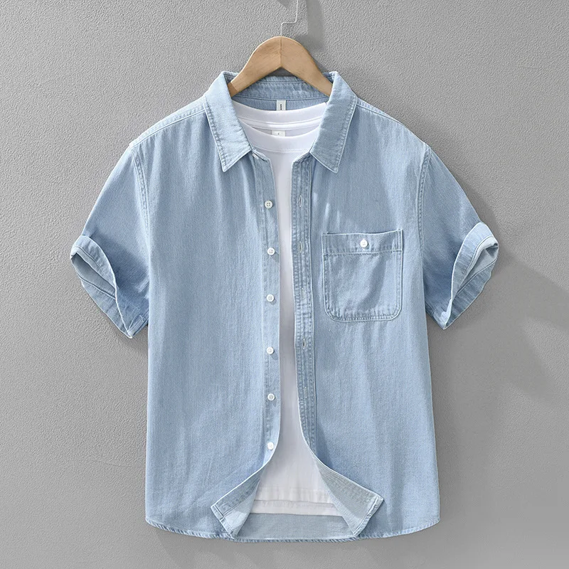 

Japanese Style New Mens Short Sleeve Denim Shirt Summer Tops for Men Lapel Pocket Pure Cotton Jean Shirts Daily Casual Shirts