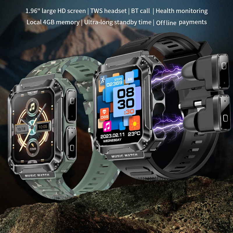 Smart Watch 3 in 1 Wireless Headset 4GB Memory 400 mAh Battery 1.96 Inch Full Touch Screen Bluetooth Call Smartwatch Men Women