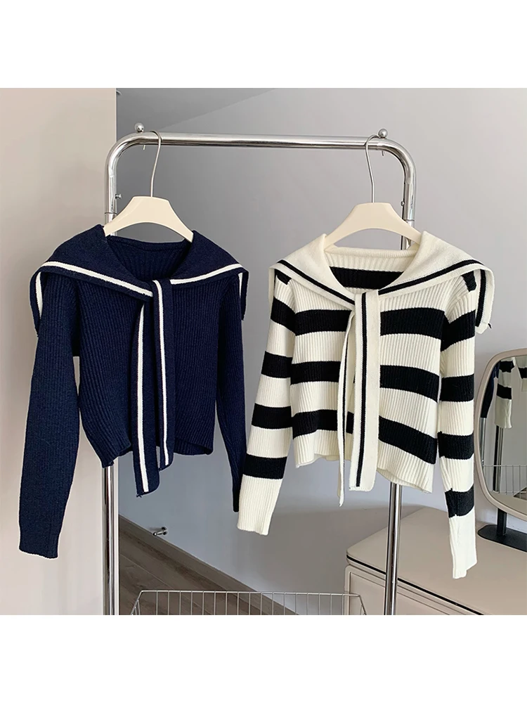 Autumn Women Striped Knitted Cardigan Office Lady Korean Fashion Long Sleeve Sailor Collar Basic Sweater Jumper Y2k Preppy Style