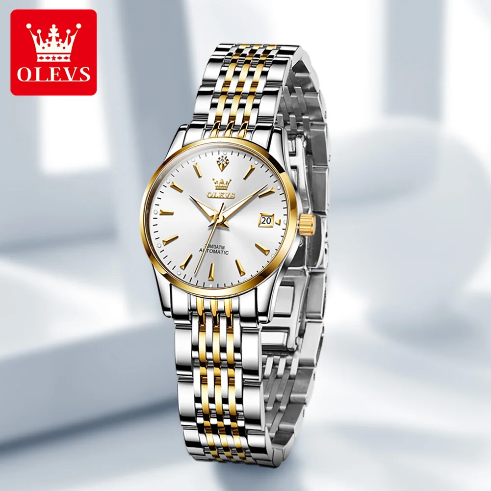 OLEVS 6635 Luxury Brand Ladies Watch Automatic Mechanical Wristwatch Waterproof Stainless Steel Watch For Women Chronograph Date