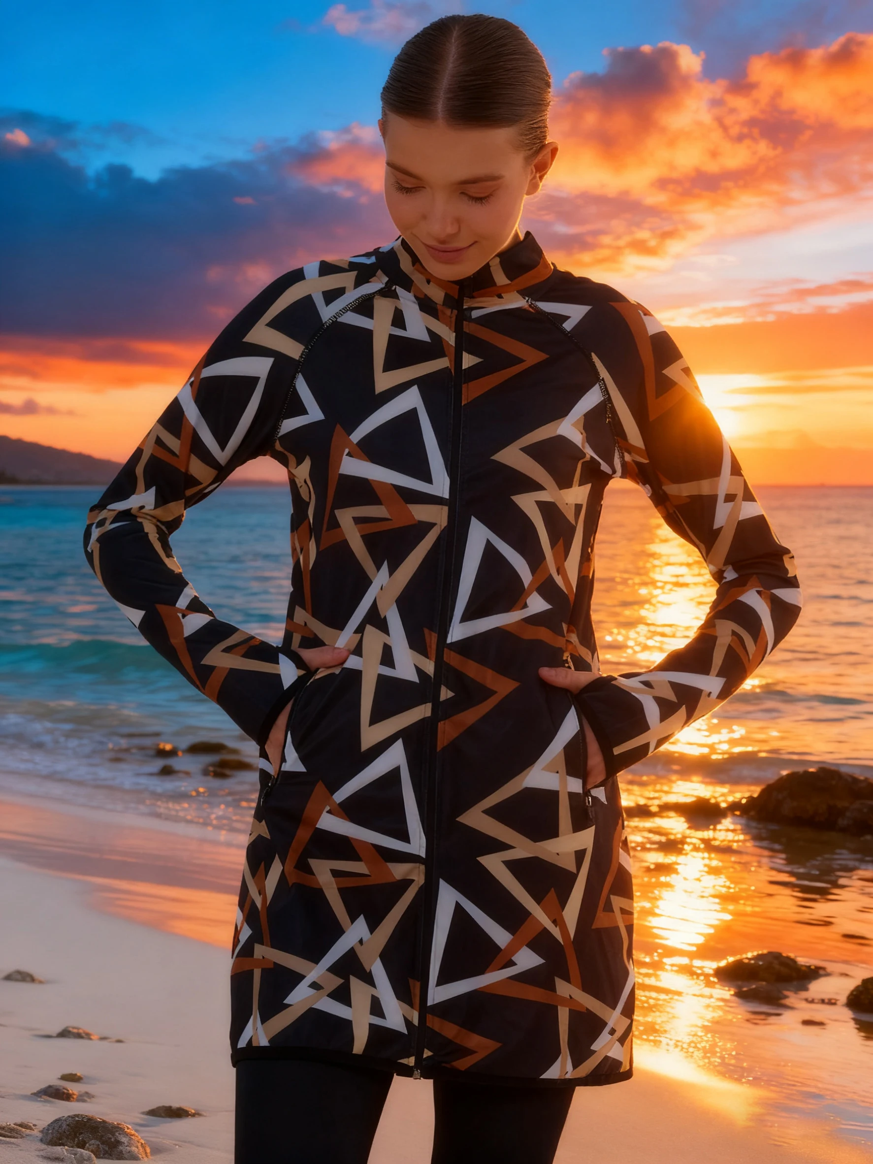 2 pièces/ensemble Burkini Femme Musulmane coupe ajustée impression vêtements de sport Protection UPF50-UV (haut + pantalon)