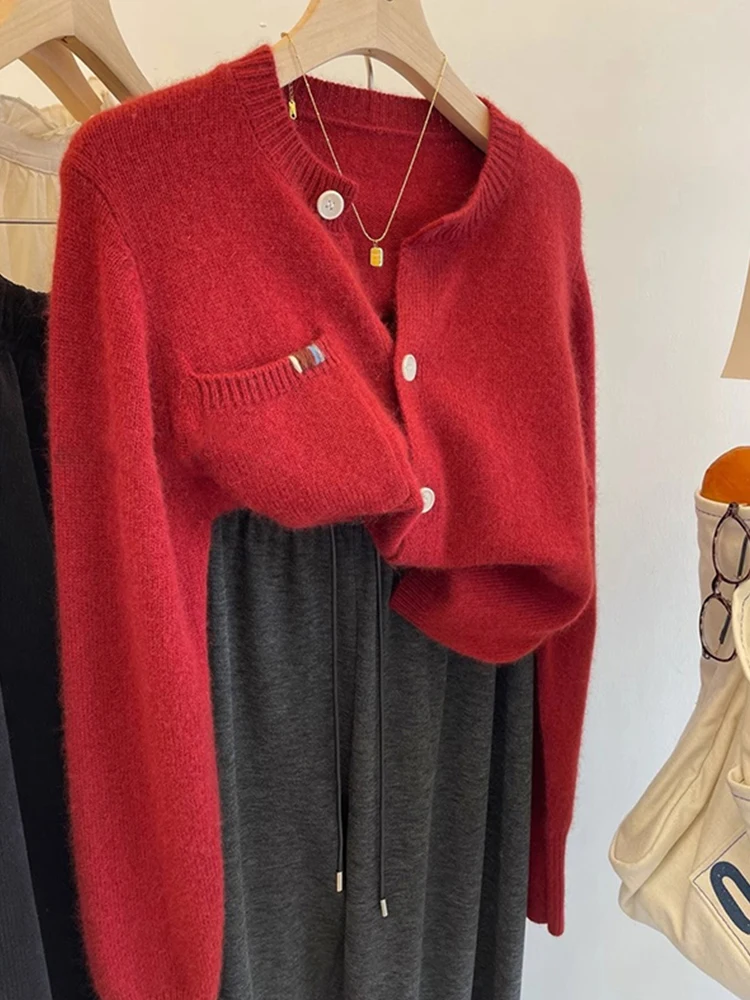 Cardigan lavorato a maglia in lana premium coreano Sle Morbido chic invernale maglione rosso Capispalla lungo Sve Regular Fit Commute Faion