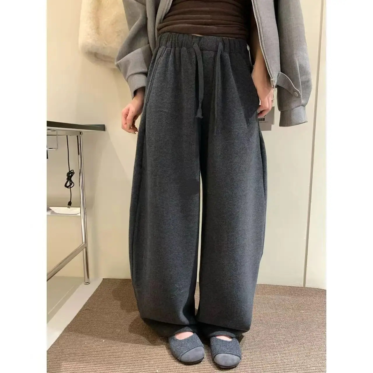 Retro Slimming Thickened Fleece Casual Floor-Length Pants Women's Bend Knife High Waist Loose Fit Long Trousers Korean Style