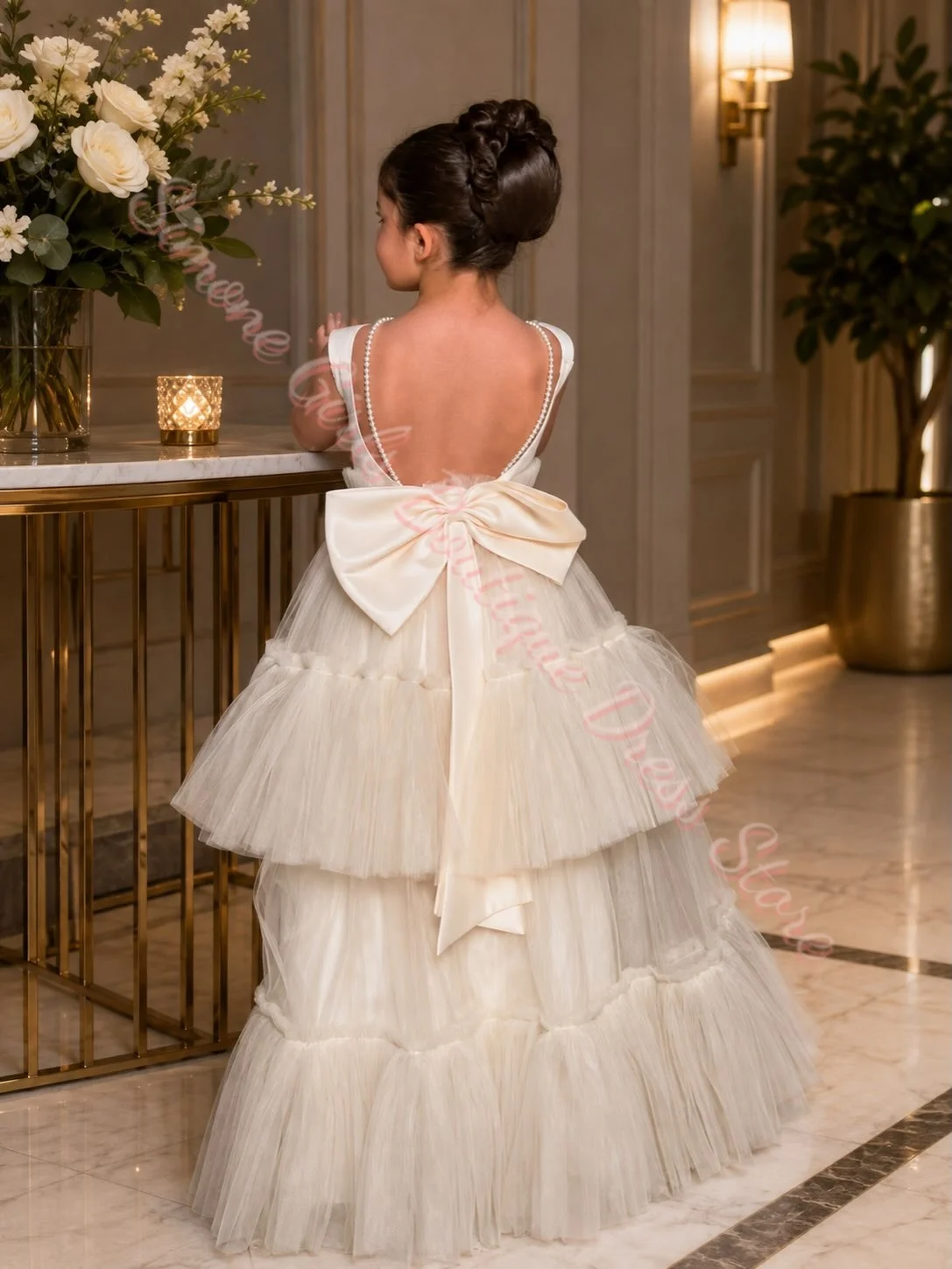 Flower Girl Dress Satin Tiered Tulle Long Gown with Big Bow Backless Design for Little Girls Wedding Guest Pageant Customized