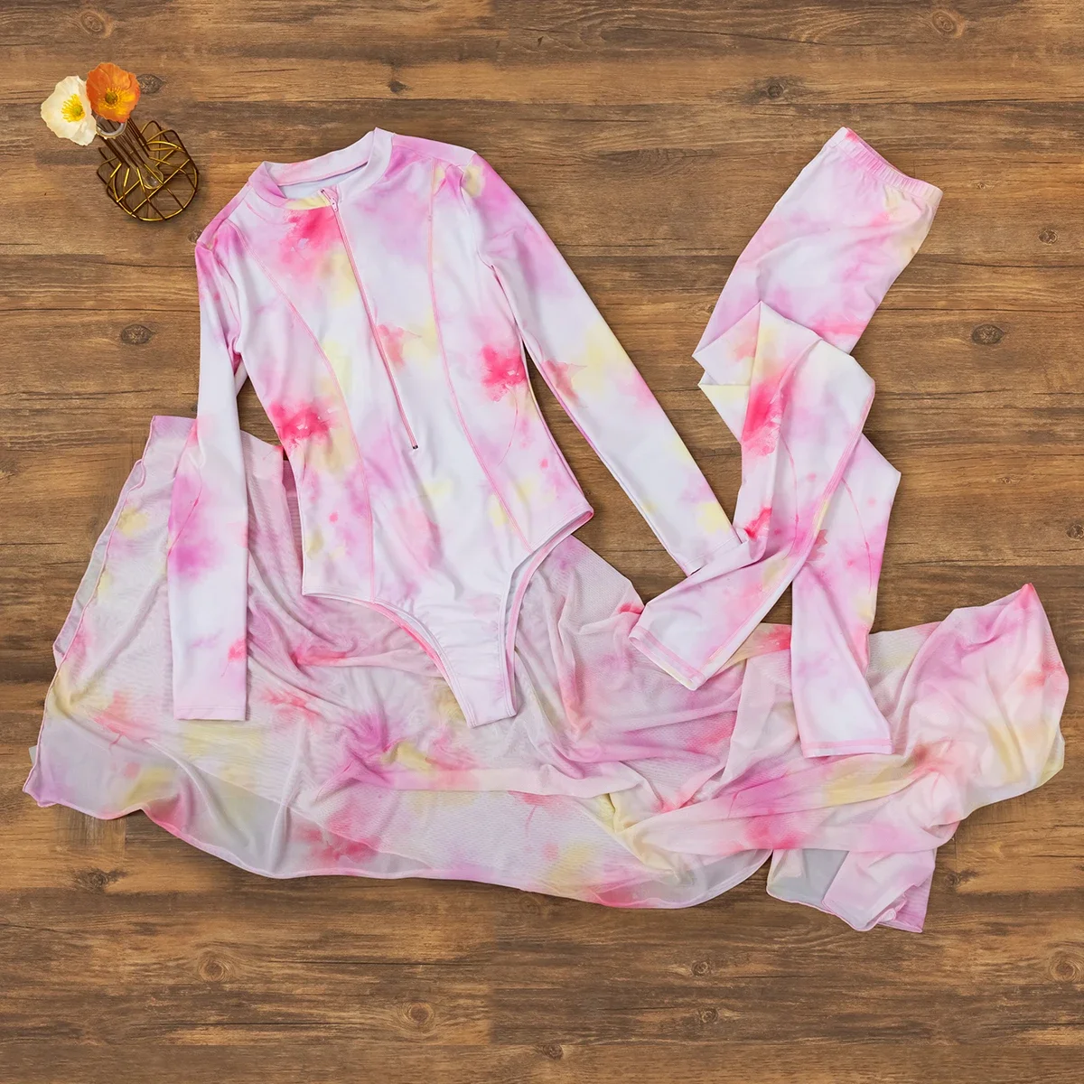 3 Buah Pakaian Renang Muslim Sederhana Burkini Femmes Baru Lengan Panjang dengan Pakaian Renang Kasa Merah Muda Romantis Pakaian Renang Arab SPF50 + Pakaian Pantai