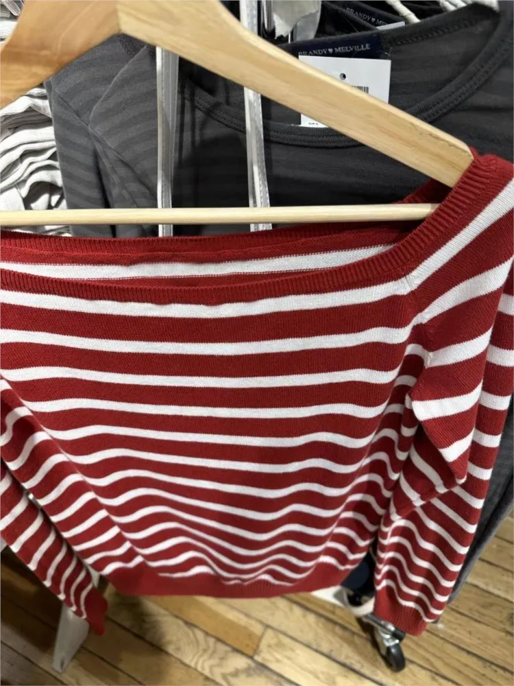 

Red Striped Sweet Knit Sweater Women Autumn New Casual Slash Neck Long Sleeve Pullovers Preppy Style Streetwear Chic Y2K Sweater