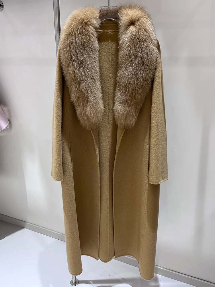 2025 Real Fox Fur Collar Winter Jacket Women Natural Wool Blends Long Coat Double Breasted Belt Warm Streetwear New Fashion