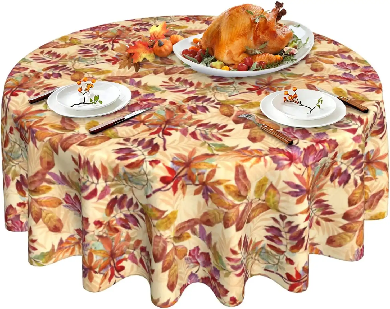 

Fall Tablecloth, Falling Leaves Round Tablecloth 60 Inch, Autumn Thanksgiving Round Table Cloth For Rustic Farmhouse Kitchen Dec