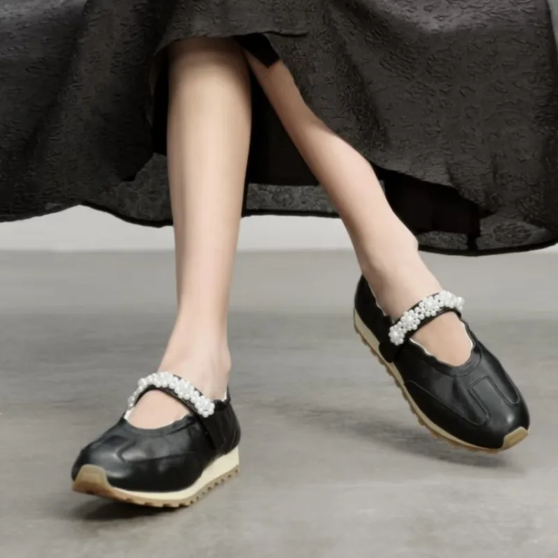 New Womens Mary Jane Shoes Exquisite Imitation Pearl Casual Shoes for Woman Fashion Ballet Sneakers Designer Shoes Zapatos Mujer