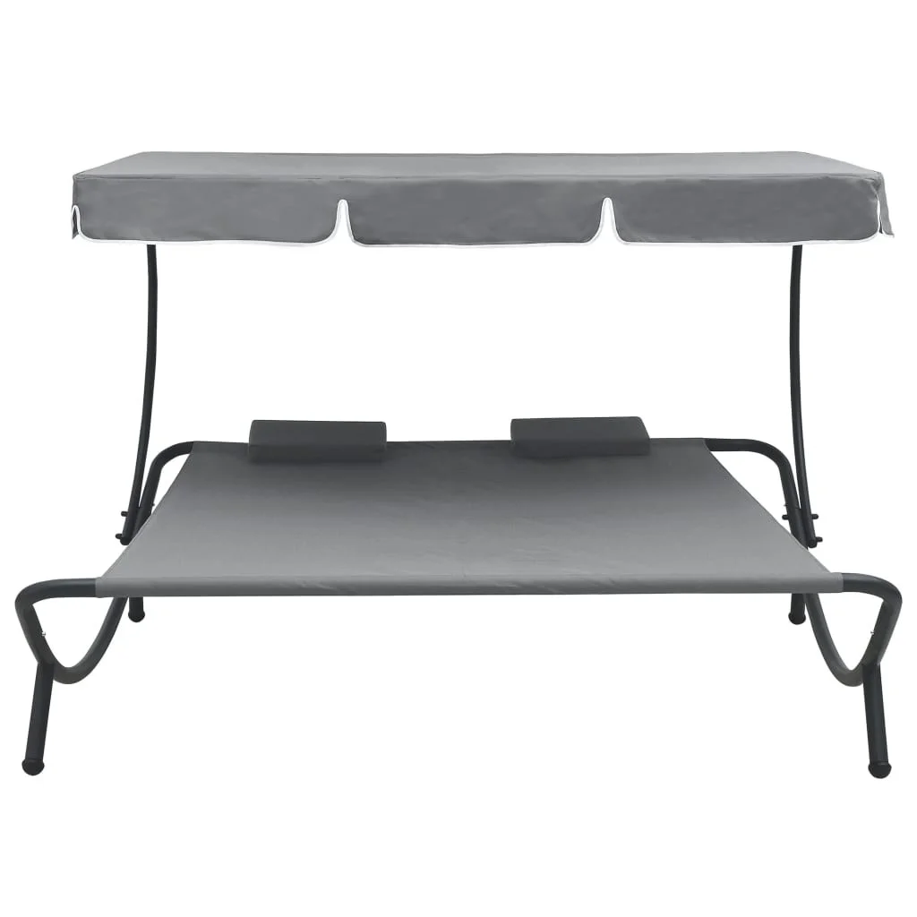 Outdoor Sun Bed Portable Double Chaise Lounge Bed with Adjustable Canopy and Headrest Pillows Gray/Brown/White[US-Stock]