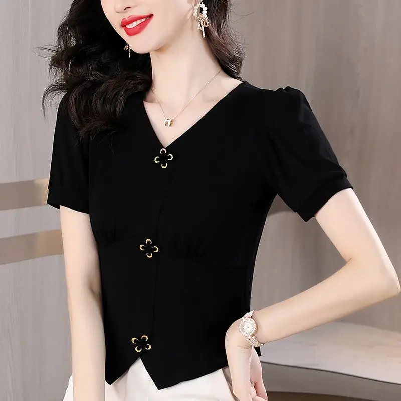 Elegant Women All-match Irregular T-shirt Summer Tees French Fashion Office Lady Solid Chic Cross Button Short Sleeve Slim Tops