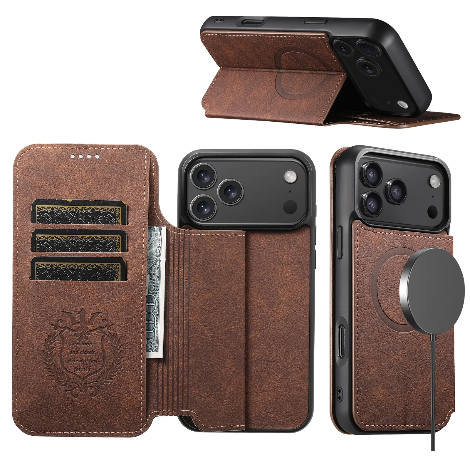 SUTENI Flip-Cover-Telefonhülle, kabelloses Laden, Kunstleder, Kartenhalter, Ständer, Brieftasche, Magnet, für iPhone 17 Pro Max 16 Plus 15 14
