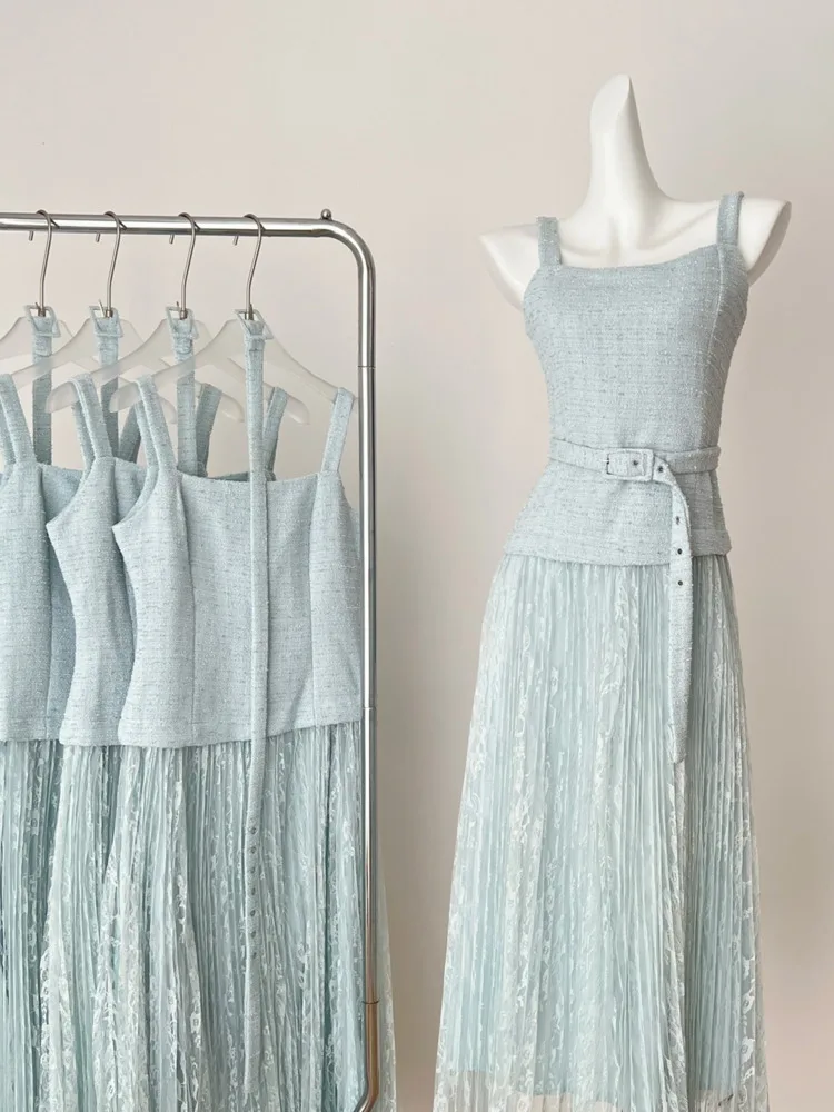 

High Quality Summer Patchwork Lace Elegant Square Neck Slip Long Dress Women Sleeveless Slim Birthday Holiday Party Dresses Chic