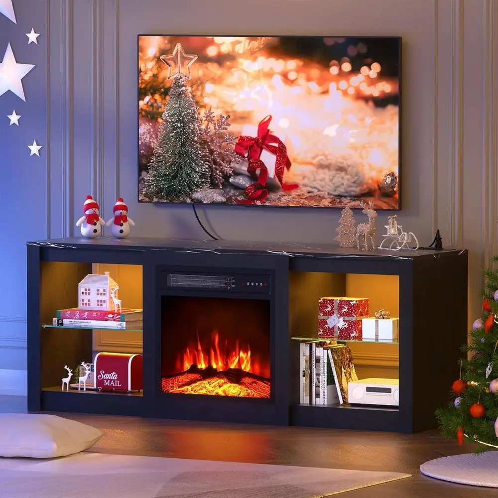 58'' TV Stand with 18'' ireplace-LED Light Entertainment Center or 65 inch TV-Black TV Cabinet with Adjustable Glass Shelves, er