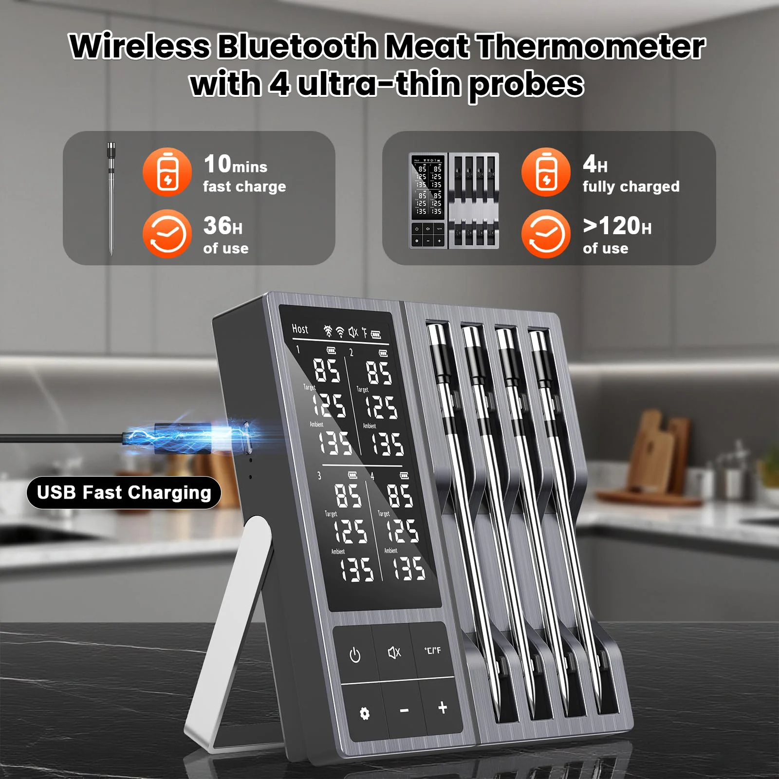

Беспроводной Bluetooth-термометр для мяса с 4 датчиками, поддержкой умного таймера и оповещений о температуре через приложение, для барбекю, духовки, коптильни.