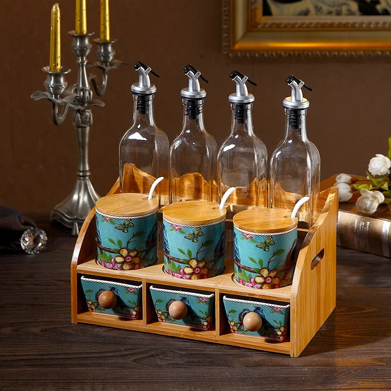 Kitchen ceramic seasoning box set, oil bottle combination creative household double-layer seasoning tank salt tank seasoning