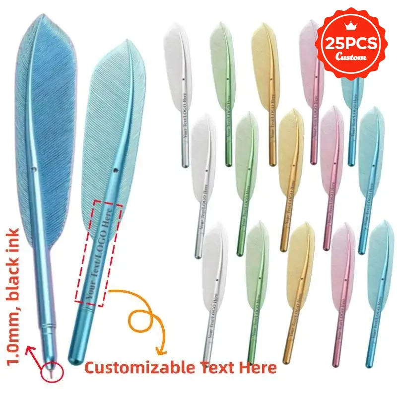 25PCS Personalized Engraved Feather Quill Gel Pens Customizable Neutral Pens with 0.5mm Fine Tips Elegant for Funny Wedding Gift