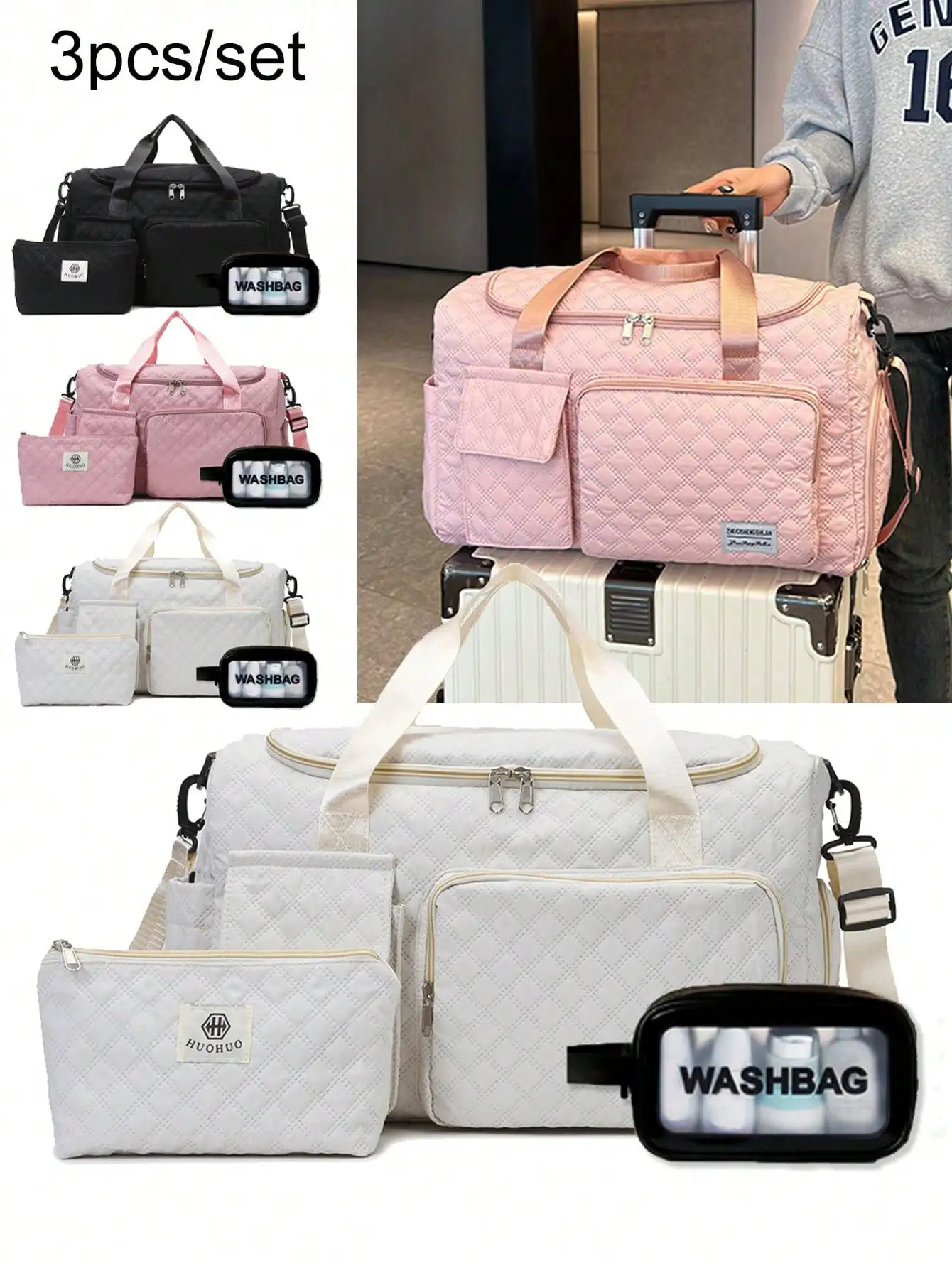 

3pcs Travel Bag Set, Including Handbag, Shoulder Bag, Crossbody Bag, Gym Bag, Overnight Bag, Multi-Pocket Shoe Bag, Wet & Dry Separation, Cosmetic Bag, Toiletry Bag, Skincare Bag, Large Capacity Adjustable Lightweight Zipper Commuter Bag, Suitable For Tra