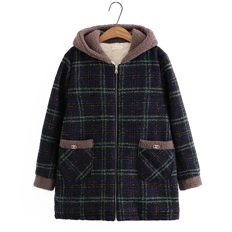 Extra-Large Size 5XL 6XL 7XL Women's Winter Jacket New Plaid Velvet Warm Woolen Coat Hooded Parkas Female Cotton Padded Jackets