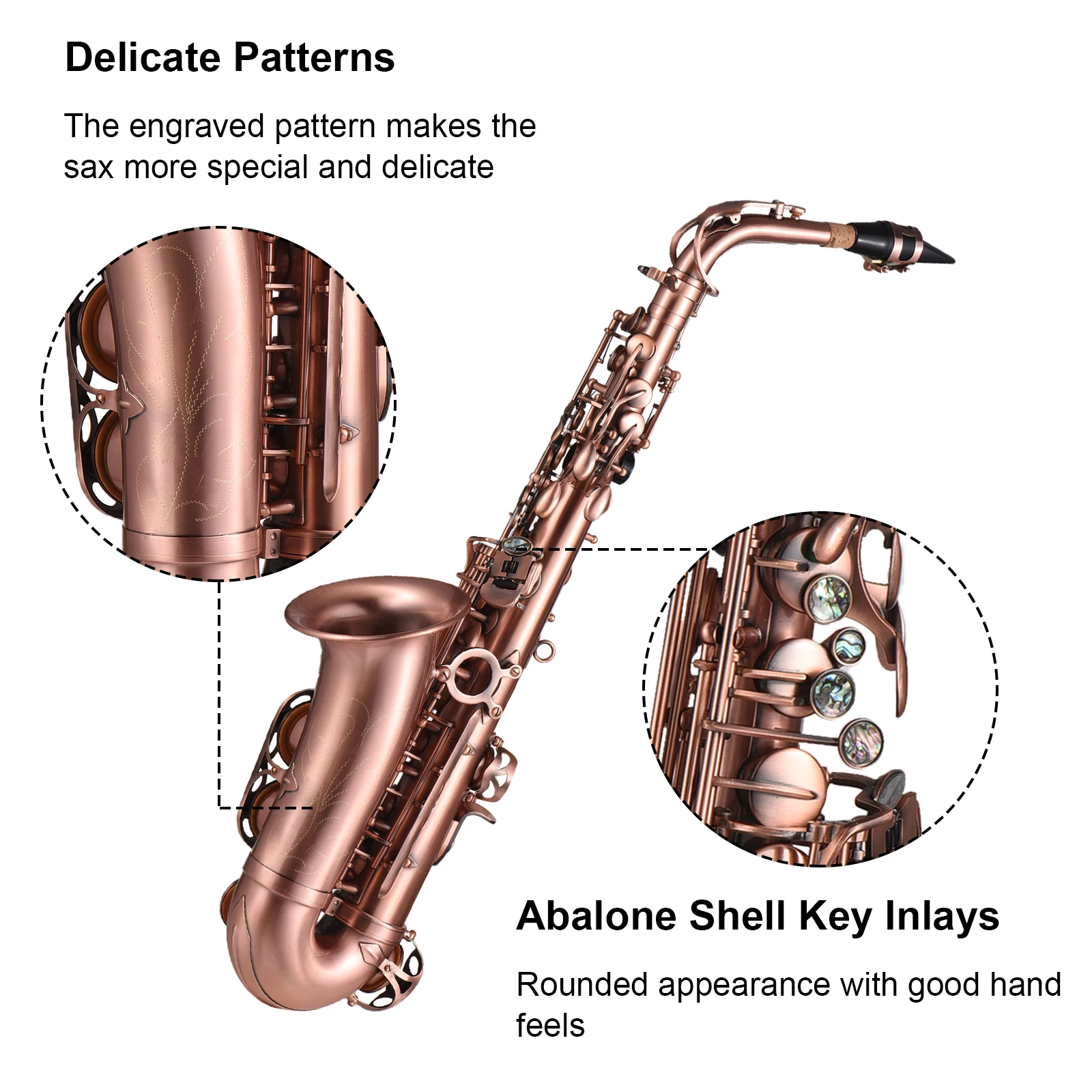 Btuty Professional Red Bronze Bend Eb E-flat Alto Saxophone Sax Abalone Shell Key Carve Pattern with Case Gloves Cleaning Cloth