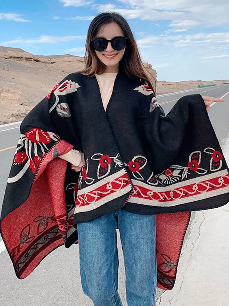 

Fashion Winter Women Retro Scarf Layers And Ponchos Ladies Knitted Print Chales Femme Capa Para Mujer Pashmina Cloak Wrap Shawl
