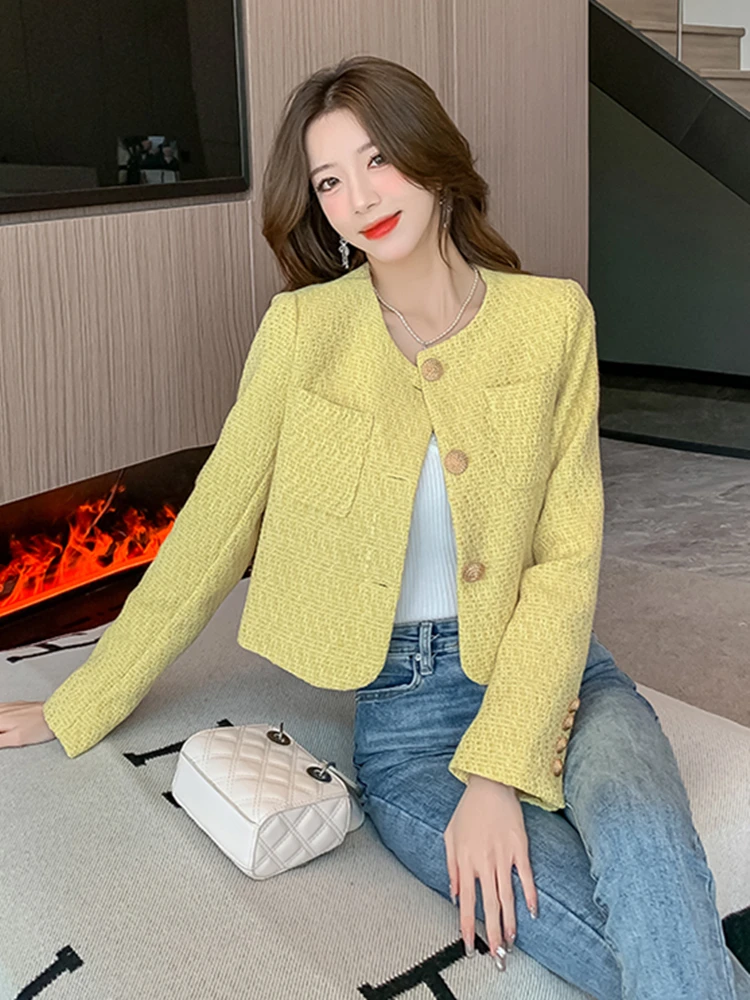 2024 New Spring Autumn Women Single Breasted Slim Short Jacket High Quality Fashion Light Yellow tweed Jacket Casual Outwear