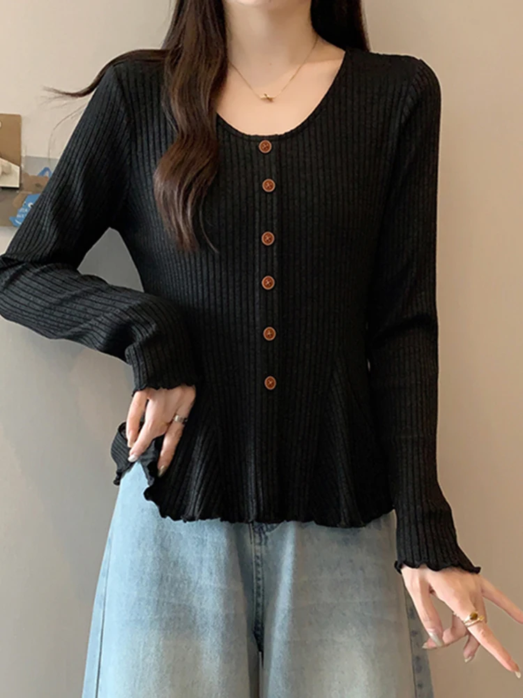 

Женский вязаный свитер большого размера с круглым вырезом, осенне-зимний, новый дизайн, стройнящий, в полоску, французский стиль, приталенный крой