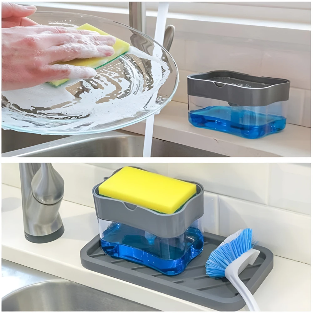 Portable Detergent Dispenser Set for Kitchen Dish Soap Box with Sponge Holder Hand Press Liquid Dispensing Kitchen Tools