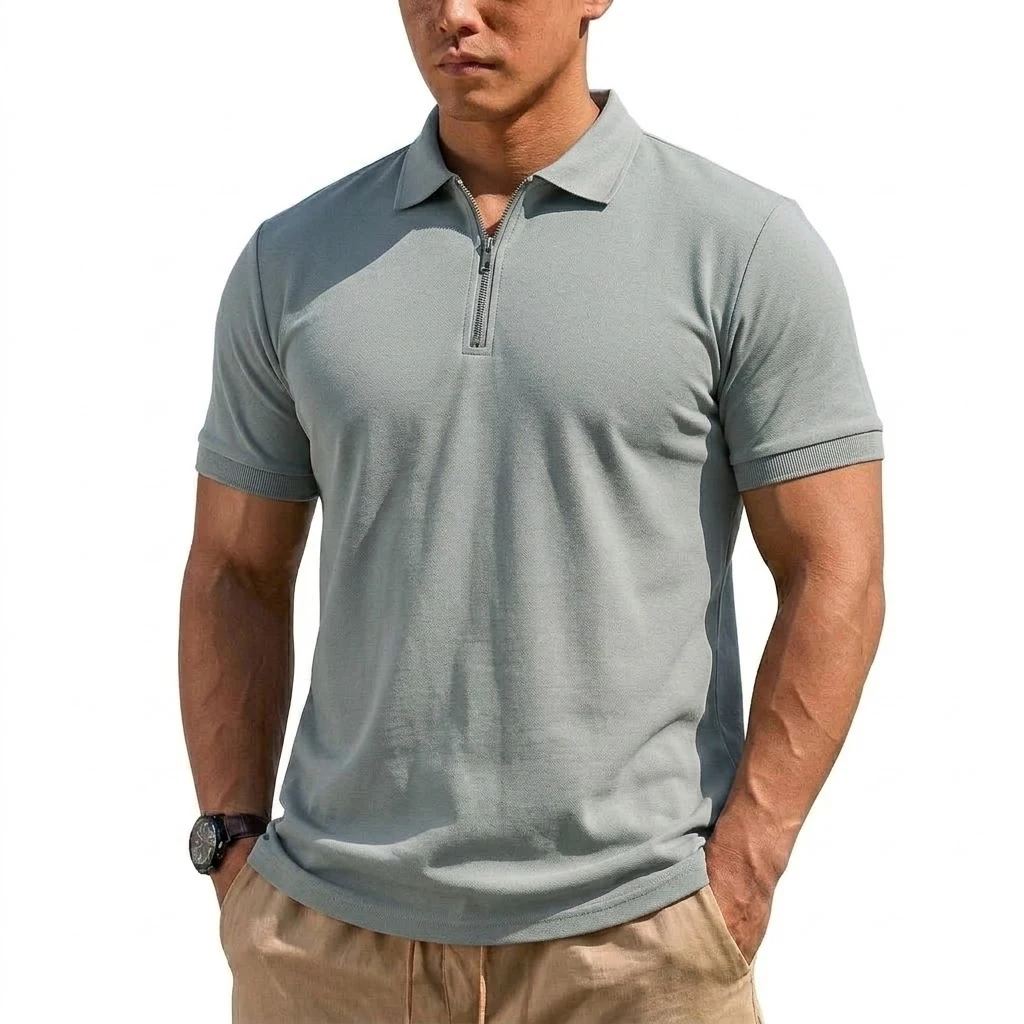 Sommer Herren Henry Shirts Gym Man Kurzarm T-Shirt Leichtes Reißverschluss-T-Shirt Koreanische Schnelltrocknende Shirts Herrenbekleidung – Detail 7