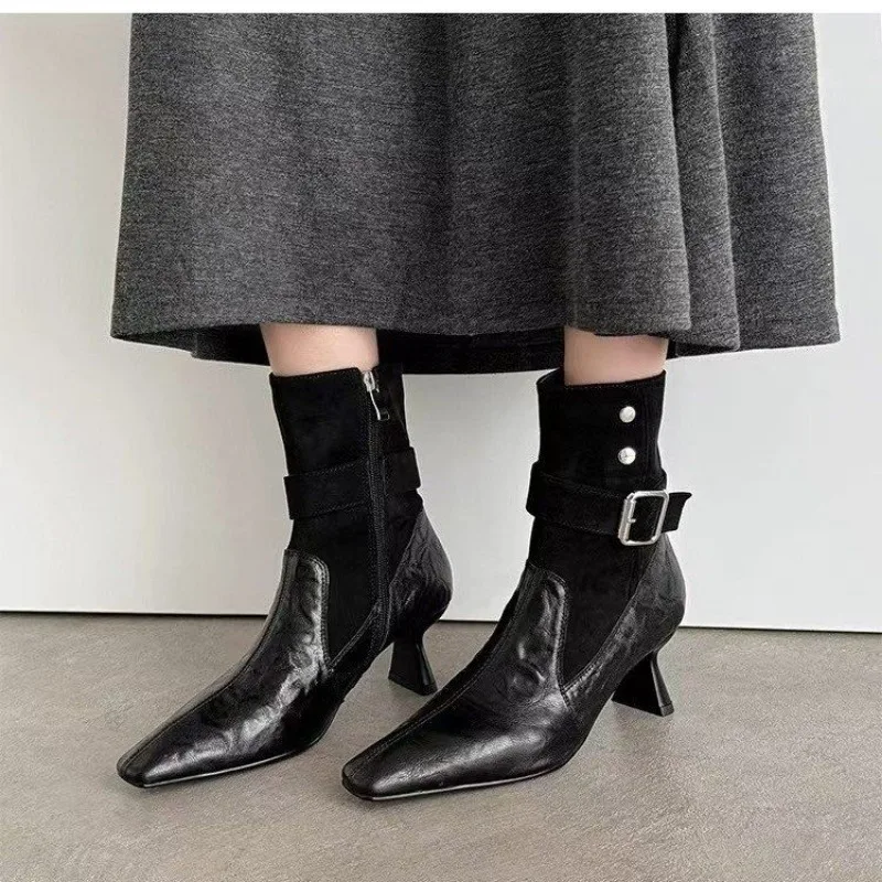 

Women High Heel Short Leather Boots New Boots Female Pointed Thin Heel Boots Ladies Ankle Short Boots Botas De Mujer Plus Size