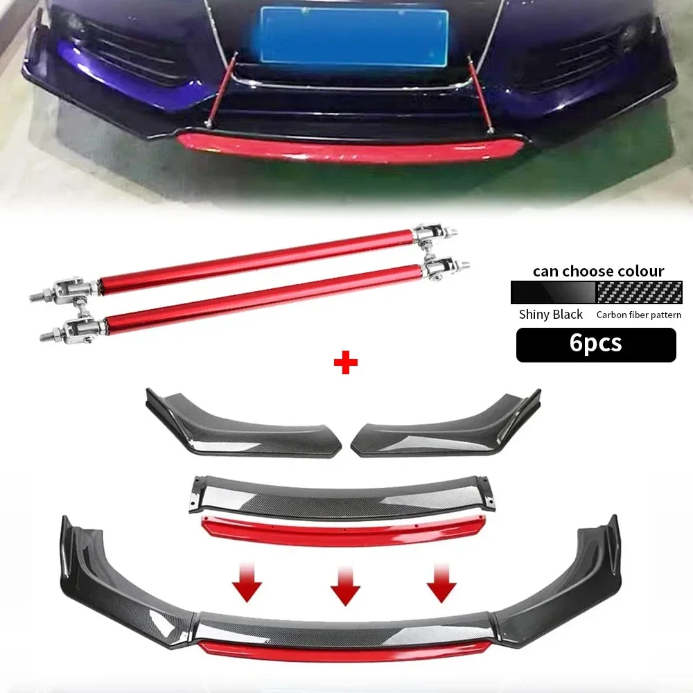 

4PCS Universal Car Front Bumper Lip Spoiler Splitter Body Kits with 2PCS 20cm Rod Splitter Strut Tie Bar Car Accessories