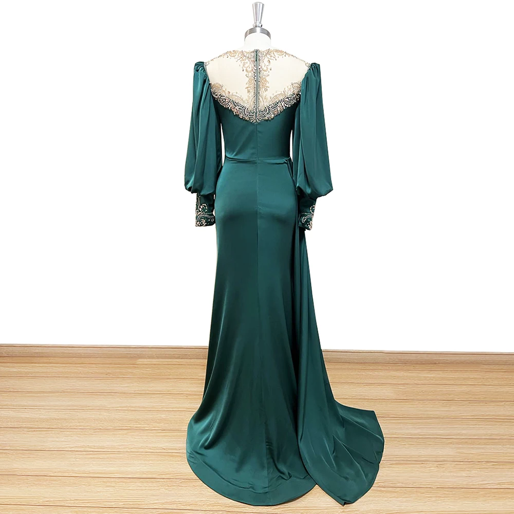 Elegant Emerald สีเขียว Muslin Evening Night ชุดผู้หญิง2022 O คอยาวแขน Mermaid อย่างเป็นทางการพรหม Gowns งานแต่งงาน